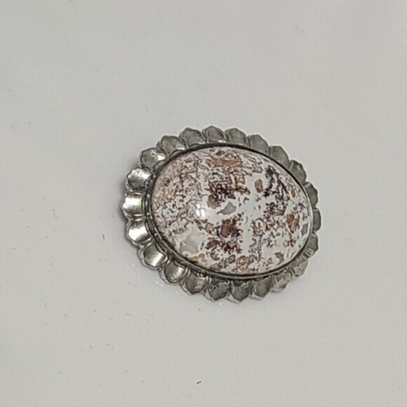 Vintage Antique Boho Sterling Silver Rosetta Jasper Stone Cabochon Oval Brooch - Picture 3 of 7